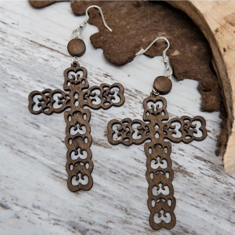 Large Ornate Wooden Cross Earrings Christian Prayer Pendant Religious Jewelry